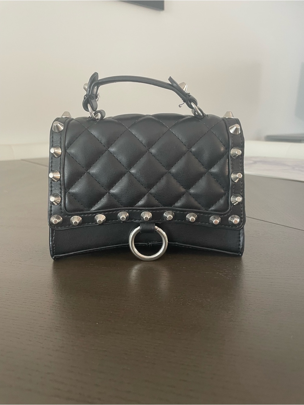 Zara Mini Black Quilted Stud-Trim Top Handle Bag